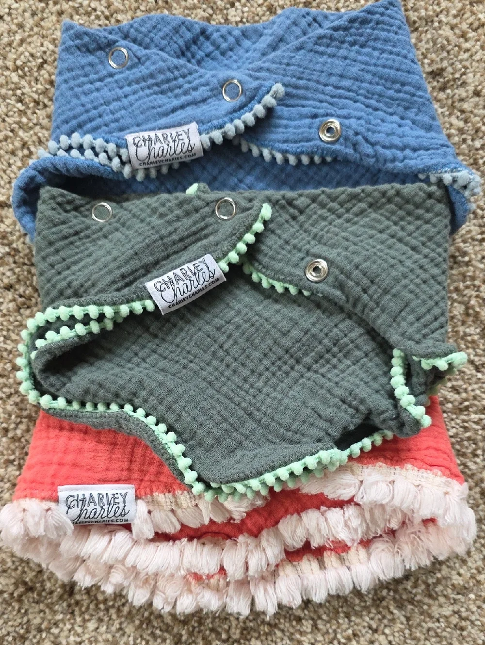 Bandana Style Bib - Blue, Green, Coral - Charley Charles - Cotton Muslin